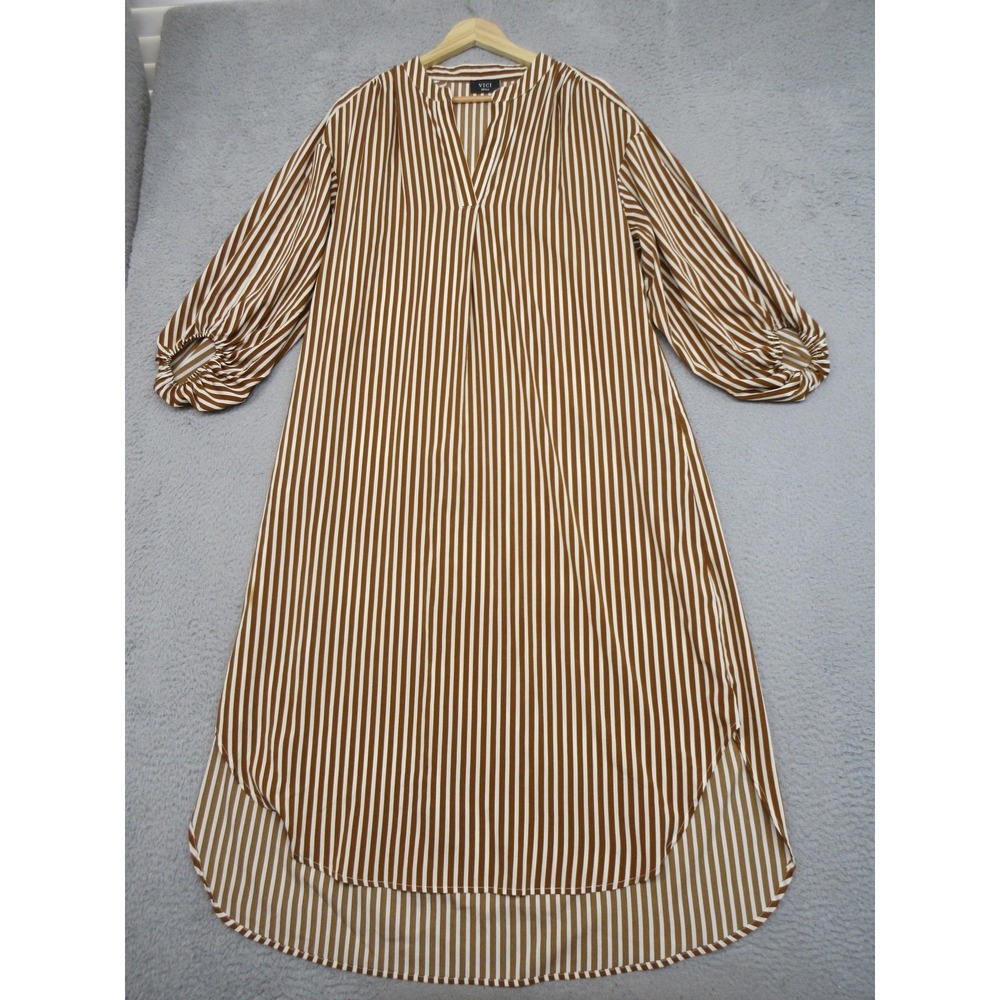 VICI Stripe Shirt Dress Women S Brown White Neutral Relaxed Capsule Quiet Luxury - Picture 3 of 16